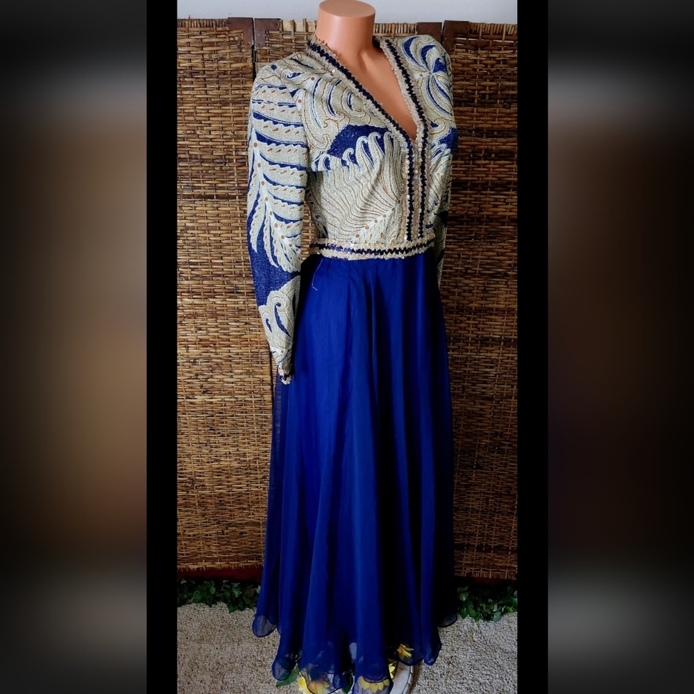 Beautiful Vintage 60's Hollywood Glamour Blue Gold Metallic Gown Dress Sz S
